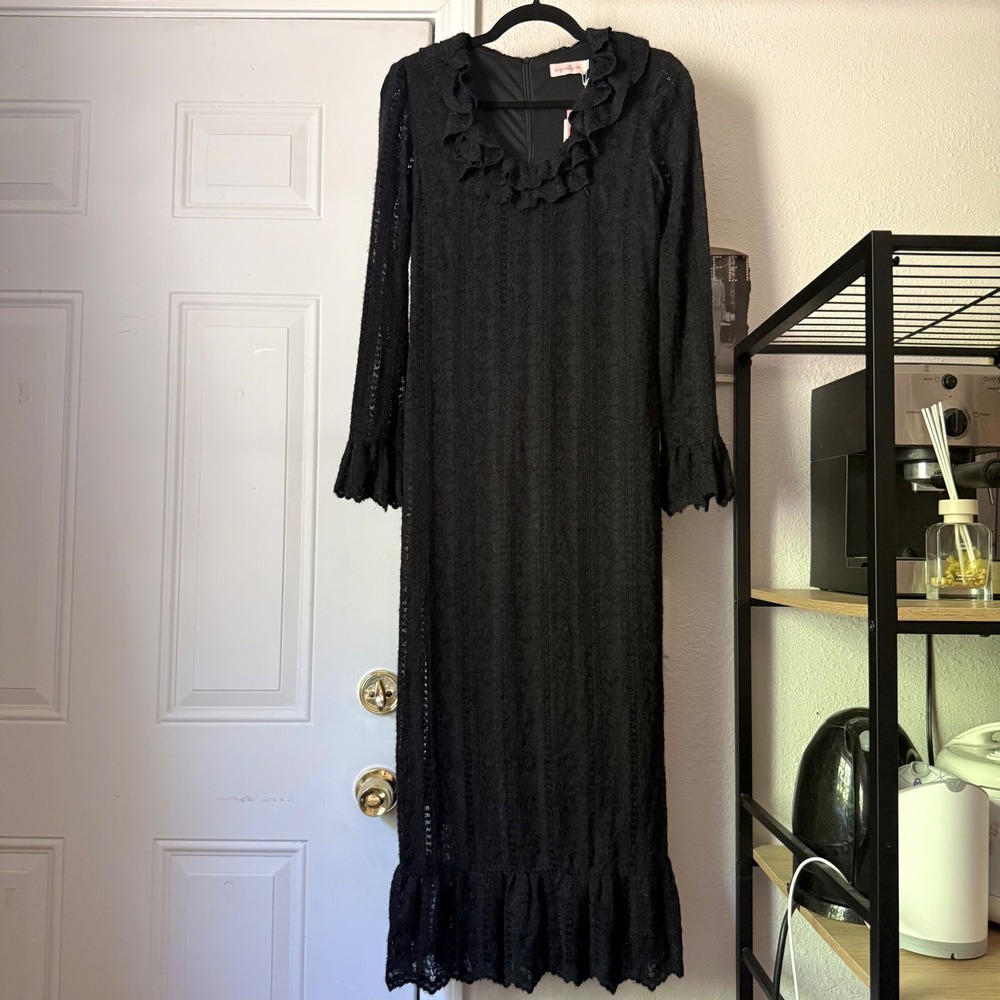 NWT IVY CITY CO black knit lace ruffle long bell sleeve midi maxi dress